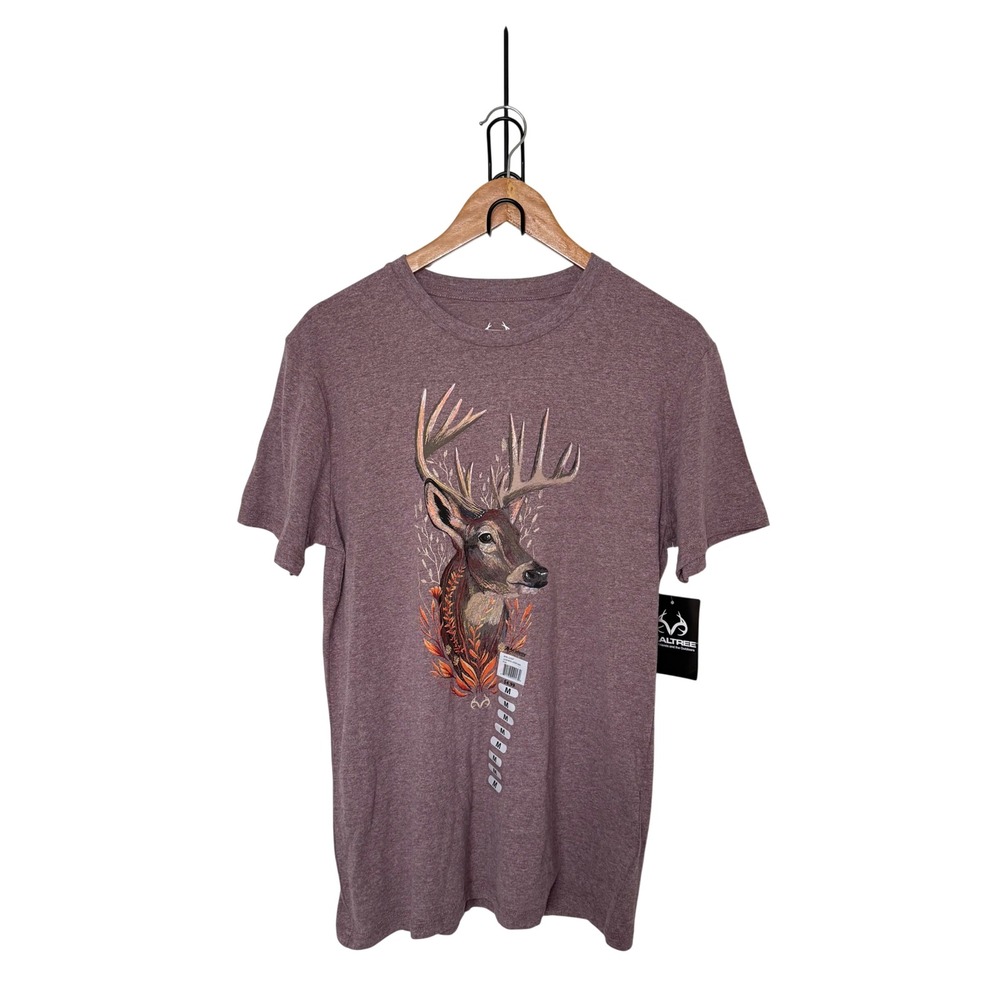 Realtree Mens 60% Cotton T-Shirt M Maroon Heather Deer Graphic Hunting Top